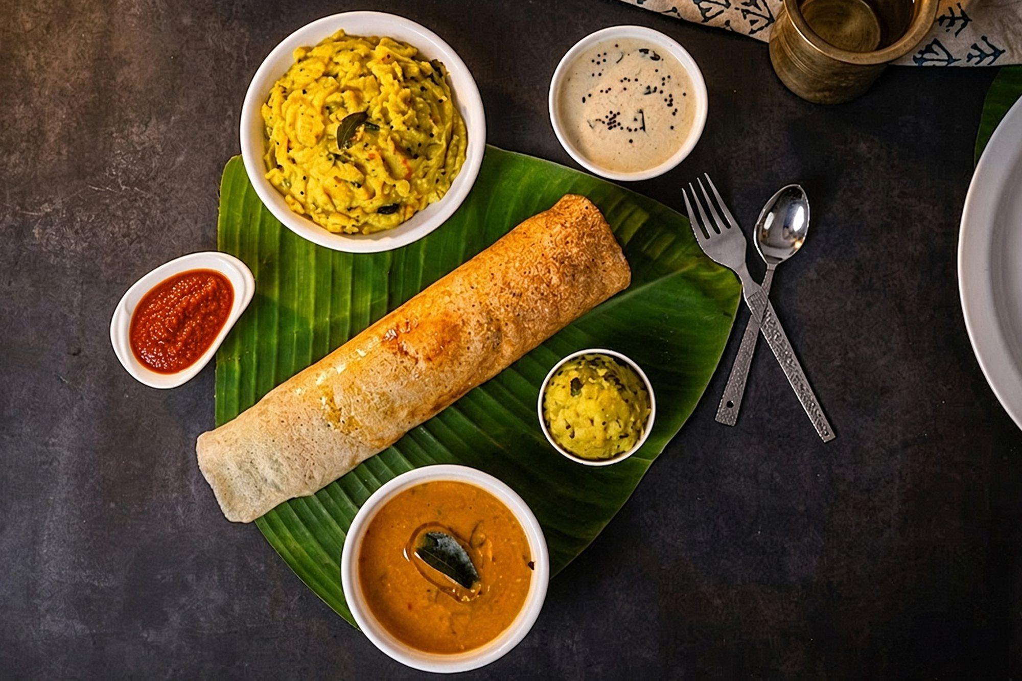 Dosa served on a banana leaf with sambar and chutneys