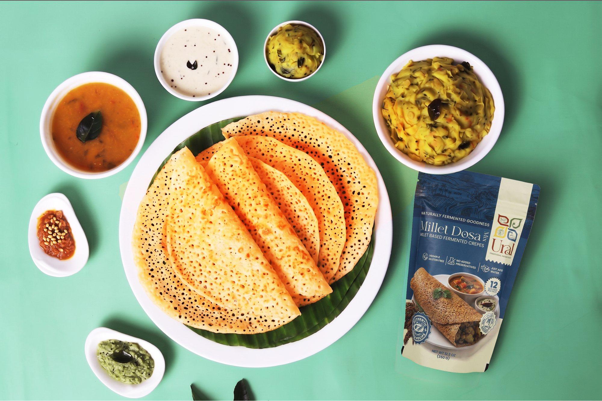 Millet dosa served with sambar and chutney